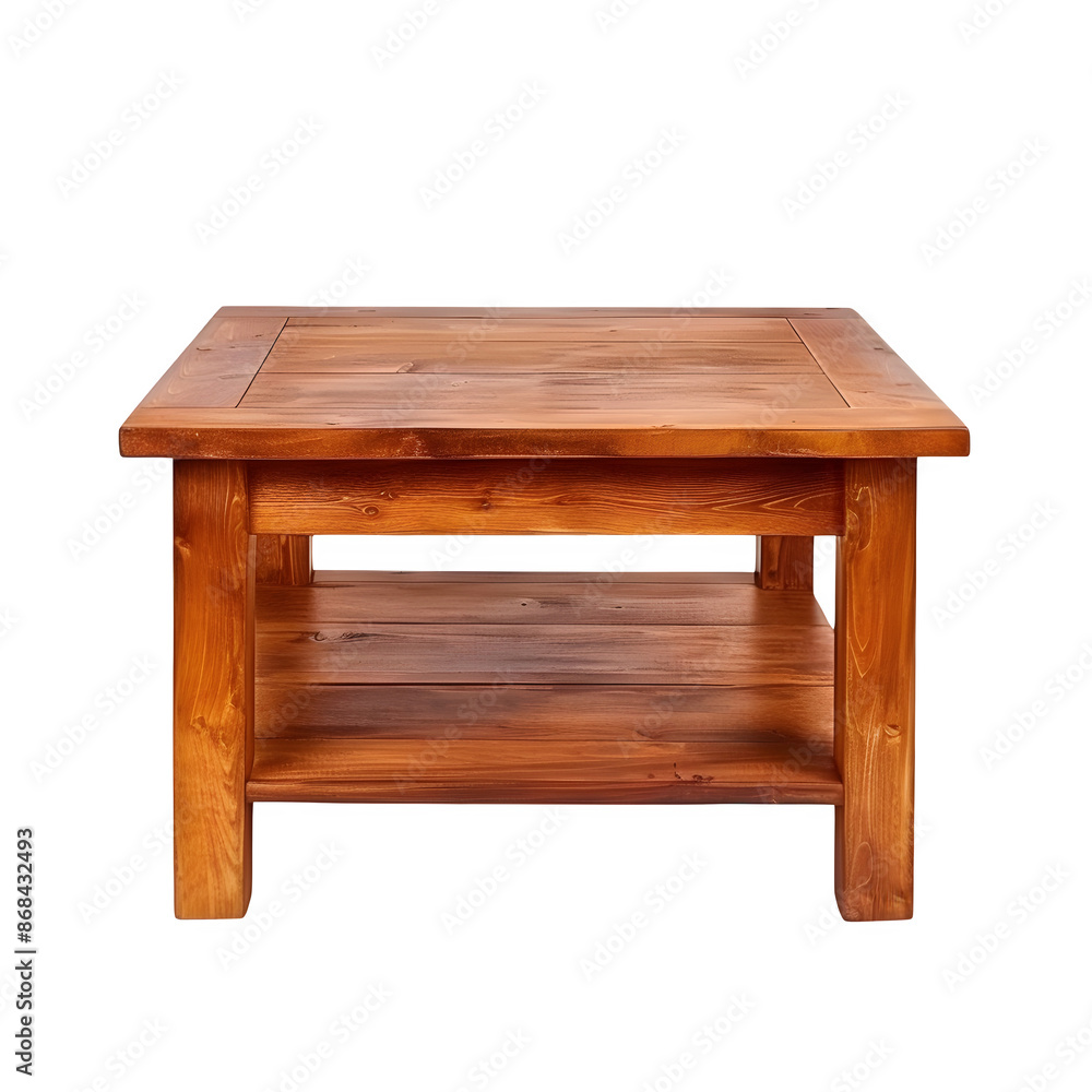 Poster isolated classic wooden coffee table with shelf on transparent checkered background