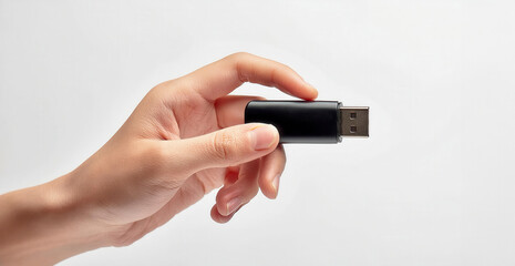 Close-up of a hand holding a USB flash drive against a white background, showcasing portable data storage for technology and business use.