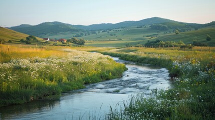 Fototapeta premium A picturesque countryside landscape with rolling hills, a winding river, and a small village in the distance,