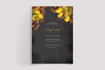 WEDDING INVITATION FRAME WITH FLOWER DECORATIONS AND FRESH LEAVES 