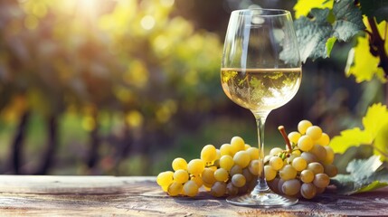 White wine glass and ripe grapes on a wooden table in a lush vineyard, illuminated by natural light, showcasing the peaceful ambiance and richness of the grape harvest season.