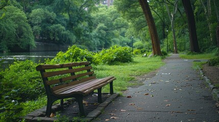 A peaceful riverside park with walking paths, benches, and lush greenery, offering a tranquil urban escape