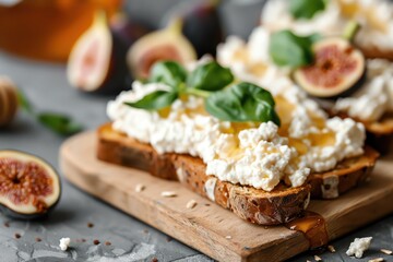 Delicious bread toasts topped with ricotta cheese, figs, honey, and fresh basil leaves on a wooden board. Perfect gourmet breakfast.