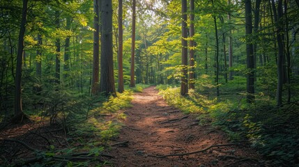 Fototapeta premium A peaceful hiking trail with tall trees, a dirt path, and sunlight filtering through the leaves