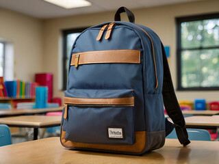 View of bookbag in school classroom on top view background. Ai generative