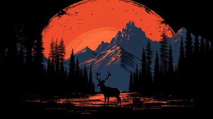 Silhouette of deer standing on a rock at a moonlit night with tree and mountain view with the moonlight on night forest