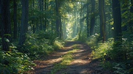 Obraz premium A peaceful forest path surrounded by tall trees