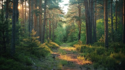 Obraz premium A peaceful forest path surrounded by tall trees