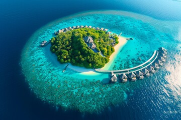 Maldives resort island drone view. Turquoise lagoon. Sandy coastline. Top view. Copy space for text