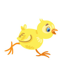 Cute little yellow chicken runs. Isolated on white background. Vector flat illustration.
