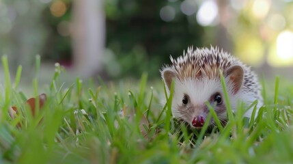 A cute hedgehog with spiky quills explores the grass in a sunlit garden, offering a close-up view of its curious face and tiny, delicate feet, symbolizing nature's innocence.