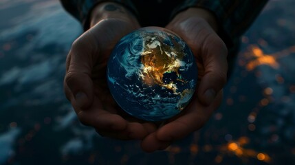 Fototapeta premium A pair of hands gently cradles a miniature Earth, showcasing the glowing lights of cities in North America against the background of the planet's swirling blue oceans and atmospheric patterns.