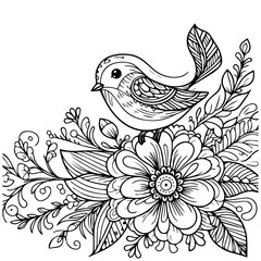 An illustration of a decorative flower as a simple line drawing with a bird in a coloring book style.