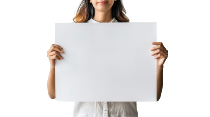 Woman hand show white blank paper , holding blank poster mockup, no face, on transparent background