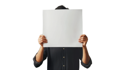 Man hand show white blank paper , holding blank poster mockup, no face, on transparent background