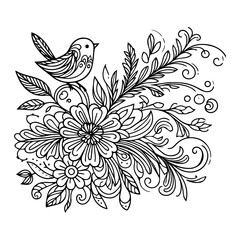 An illustration of a decorative flower as a simple line drawing with a bird in a coloring book style.