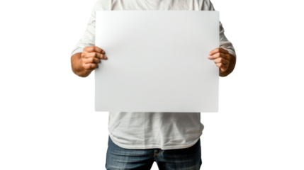 Man hand show white blank paper , holding blank poster mockup, no face, on transparent background