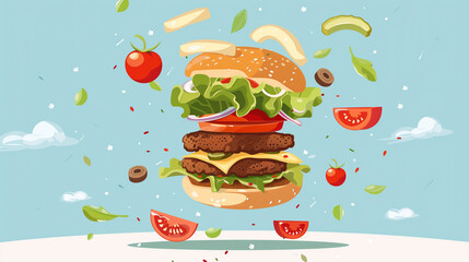 Flat design vector-style image of a juicy vegan hamburger asambled whit natural fresh flying ingredients, 32k, full ultra hd, high resolution --ar 16:9