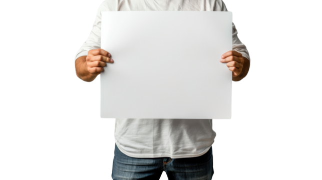 Man hand show white blank paper , holding blank poster mockup, no face, on transparent background