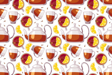 Seamless tea pattern. Teapot and cup with lemon. Healthy tea seamless pattern. Lemon tea cup seamless pattern. Repeated Colorful Vector background for menu, recipes, wallpaper, packaging, textile.
