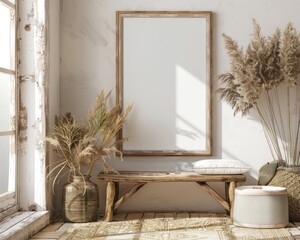 Farmhouse Spring. Interior Design with Mockup Frame in Light Pastel Colors