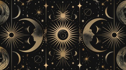 An artwork depicting celestial themes featuring detailed representations of the sun and moon with human faces, surrounded by stars and other cosmic elements.