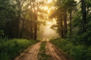 Obraz premium Foggy Trail Through Oak Forest at Sunrise: A Mysterious Path in Nature