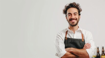Smiling young man with apron standing confidently with arms crossed in front of a white background, beer bottles in the background.