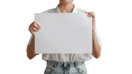 Man hand show white blank paper , holding blank poster mockup, no face, on transparent background