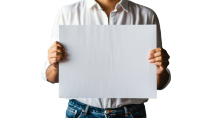 Man hand show white blank paper , holding blank poster mockup, no face, on transparent background