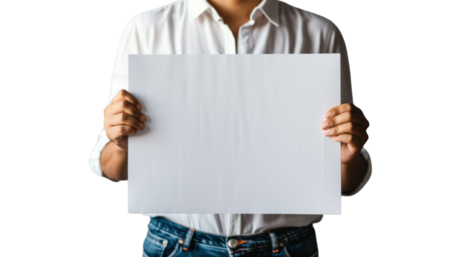 Man hand show white blank paper , holding blank poster mockup, no face, on transparent background