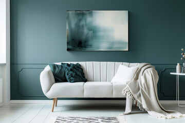 A modern living room with a white sofa with blanket and an abstract painting hanging on the blue wall