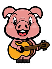 Cute Piglet cartoon characters playing music with acoustic guitars. Best for sticker, icon, logo, and mascot with music themes for kids