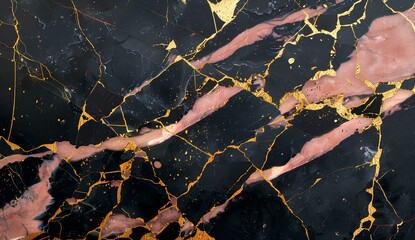 Abstract black, pink and gold marble background with golden cracks. Modern luxury wallpaper design for a wall art print
