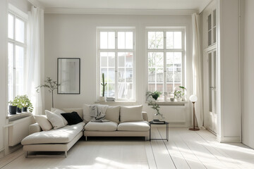 A stylish scandinavian designed living room with sofa, featuring natural decor elements and artwork on the wall