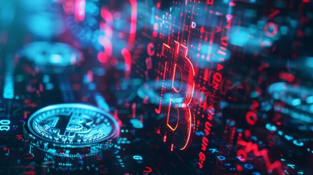 A modern digital representation of Bitcoin with glowing elements and circuitry, depicting the technology and complexity behind cryptocurrency and its impact on finance.