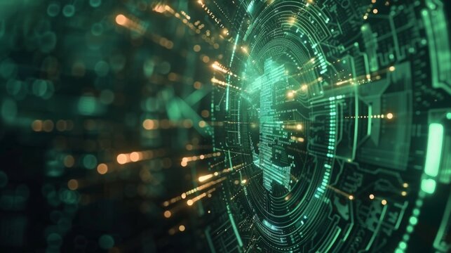 This image showcases a futuristic digital interface filled with glowing green elements and intricate data patterns, capturing the essence of advanced technology.