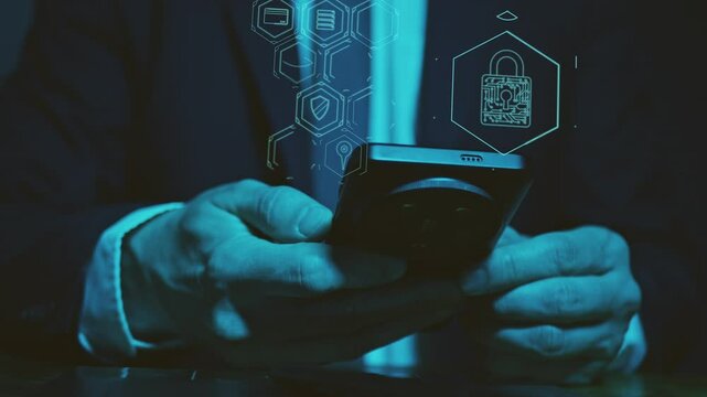 The hands of a man in a suit use a smartphone above which are symbols of digitalization of transmission and information protection. Coding. Personal access and password. Cg