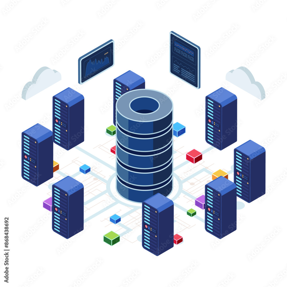 Poster isometric data center with servers and network connection