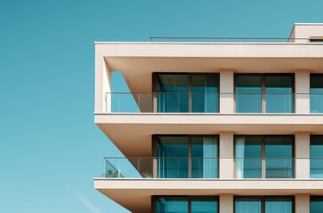 A modern apartment building with large windows and balconies, showcasing contemporary architecture against a clear blue sky, highlighting urban living and stylish design