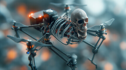 Fototapeta premium Digital image of drone moving across skeleton, highlighting bones, joints and muscles from an internal perspective, amidst a futuristic atmospheric glow.