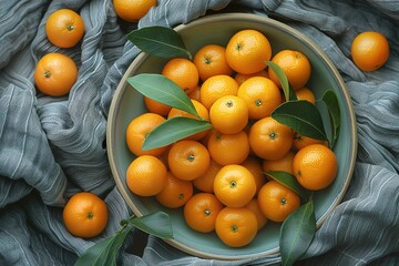 A bowl of oranges with green leaves on top