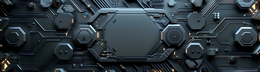 Abstract black background with futuristic elements and metallic textures for tech or gaming themes. A hightech geometric pattern featuring buttons, circuits, hexagons, wires, and lights