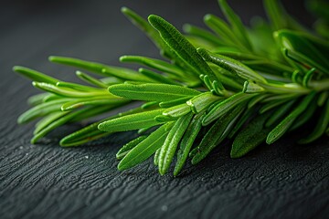 Obraz premium A bunch of fresh green herbs, possibly rosemary, are sitting on a dark surface