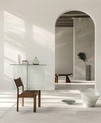 Minimalist interior with white wall, glass accents, and modern furniture
