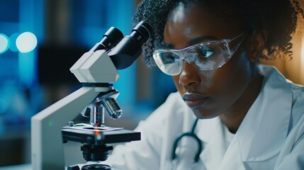 A scientist is intently using a microscope while conducting an experiment in a modern laboratory equipped with advanced equipment and a professional environment.