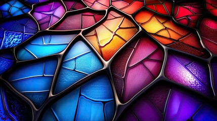 Vibrant and colorful stained glass texture showcasing abstract patterns in a mix of blue, purple, red, and orange hues.