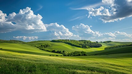 Obraz premium Tranquil beauty of springtime nature in peaceful countryside landscape. Green grass, blue sky, white clouds, rolling hills. copy space for text.
