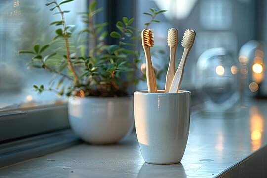Three toothbrushes are in a white cup on a windowsill - Powered by Adobe