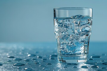 A glass of water with ice cubes in it sits on a table